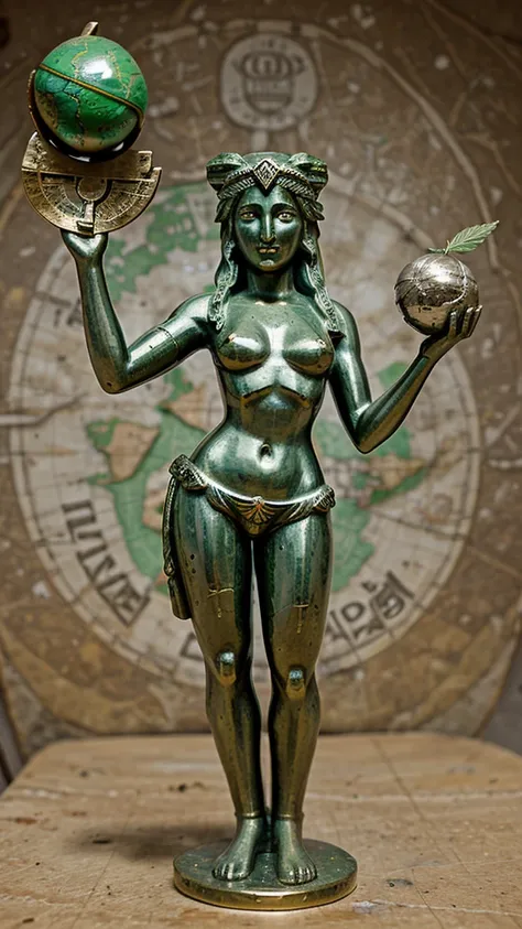 the sculpture of the goddess of justice Temis, holding the globe with a map of Brazil in her right hand and a Cannabis leaf in her other left hand