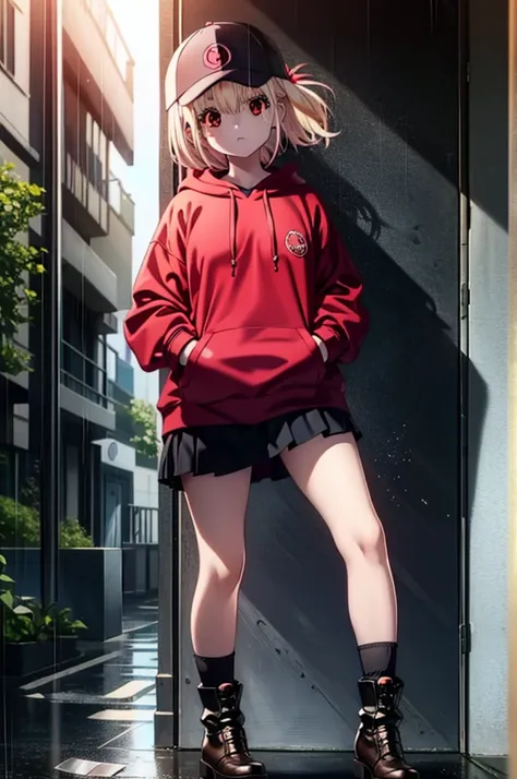 , chisato nishikigi, length, bangs, blonde, (red eyes:1.5), baseball cap,oversized red hoodie,mini skirt,black knee socks,short ...