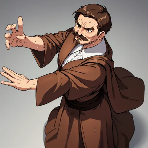 ((((Solo))))、Highest quality, Best Quality,Best illustrations、middle ages、(((Simple brown robe)))、(40-year-old uncle、mature、Kaiser moustache)、(rage、Sweat)、dance、(From above)