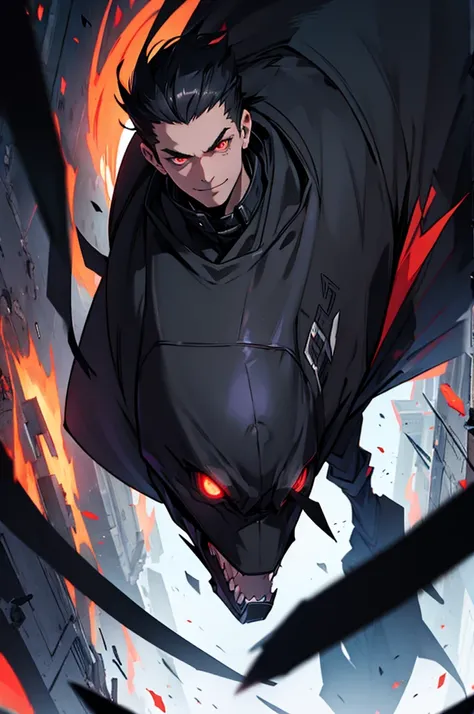 (Absurd, High resolution, Ultra-detailed), masterpiece, Highest quality, A man wearing black clothes and a black cloak, Has a black hole ,Holding a black hole in hand , 公式characterアート, short hair, Black Hair, Black red glowing eyes, Finely grained, Spiky H...