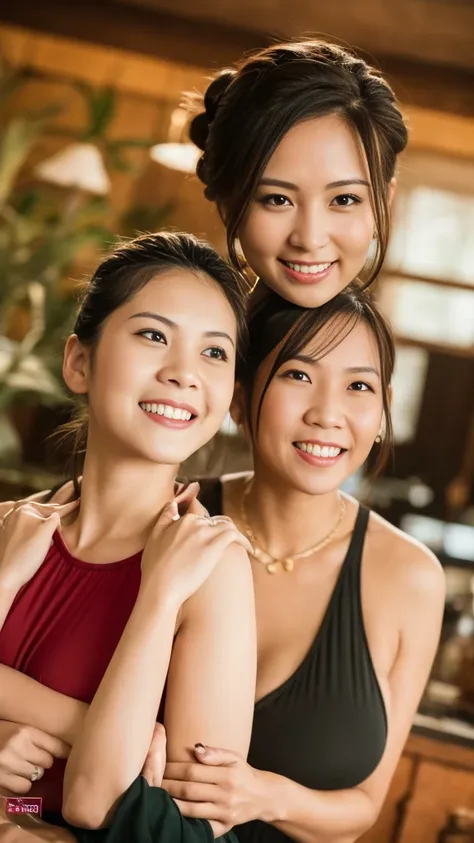 family photo, mothers and daughters, large breasts, vietnamese, smile, teens, pham, nguyen, tran, celebrity, family, ((open clot...