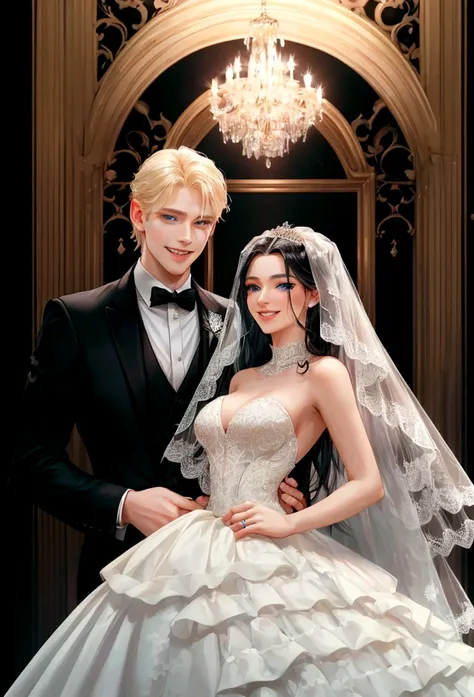 {(one man and one woman) (pose: the man is holding the womans chin and grinning) (appearance: man with blonde hair and bright blue eyes)(appearance: woman with black hair and black eyes) (attiribute: women wear wedding dresses and men wear black wedding su...