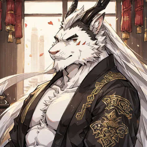 (eastern dragon),furry,white mustache,big pecs,hearty males,muscular,black imperial robe,adult,traditional_chinese_room，head portrait