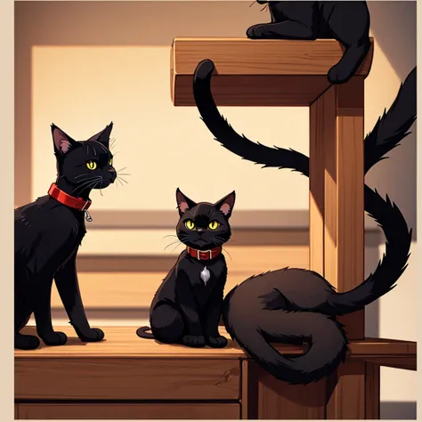 black cat、Red collar、high quality, 8K、Best illustrations、(From the side)