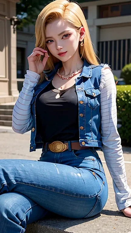 masterpiece, Highest品質, Very detailed, Absurd, Beautiful portrait of Android18DB, alone, blonde、Earrings, jewelry,pants,underwear, Denim jacket, smile, belt, Highest,  null, skirt, Outdoor, gloves, necklace, デニムskirt, rock, Sit with your legs apart