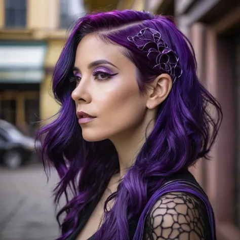 a woman with purple hair poses for a photo, a portrait inspired by Glòria Muñoz, pexels, art nouveau, photo from a promo shoot, look from the side, Dark purple hair and cybernetics, Profile shot, Purple hair portrait of woman, Shot from the side, Advertisi...