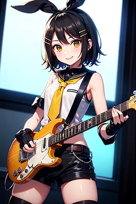 1girl, solo, kagamine rin, smile, black hairband, hair clip, shirt black, thighhighs, thigh boots, looking at viewer, black shorts, belt, black gloves, fingerless gloves, playing electric guitar, yellow hair, eye blue,tie yellow, no sleeves