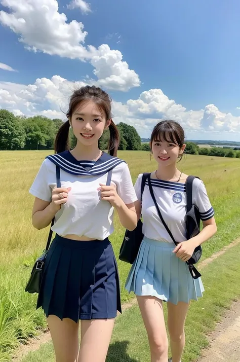 2 girls walking in rural field,train on railway,cumulonimbus cloud in summer blue sky,white sailor shirt,navy blue pleated skirt,white thong,student bag,18-year-old,bangs,a little smile,thighs,knees,wet short hair with low pigtails bunches,from beside,fron...