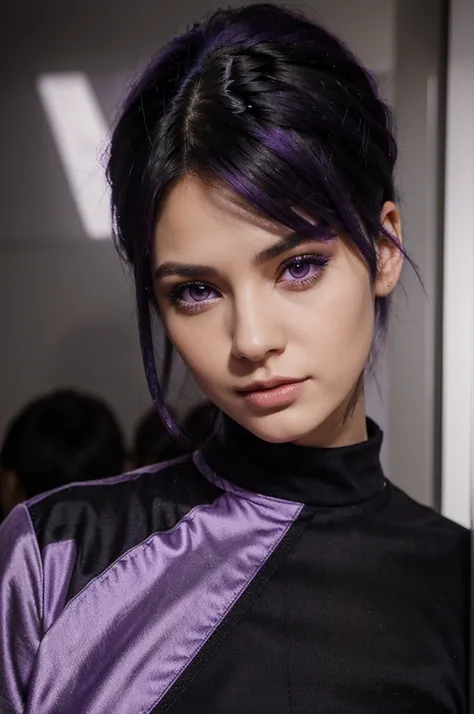 A woman with purple eyes and black hair with a purple fade