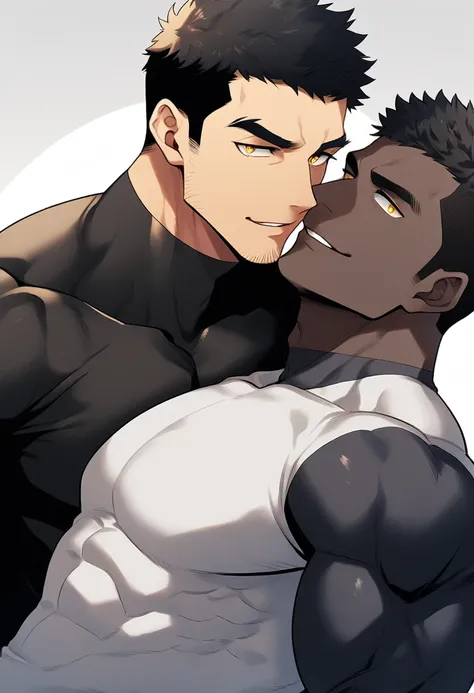 anime characters：Two superheroes in tights, Muscle superhero, negro black skin, They hugged and kissed each other, Bite your neck, Caress, Manliness, male focus, Yellow and black high collar long sleeve tight T-shirt, Slightly transparent material, Very ti...