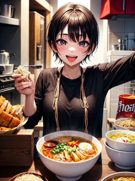 Highest Resolution,Highest quality,Smiling while looking at the ramen,Girl with open mouth and saliva dripping,Black short hair,up,