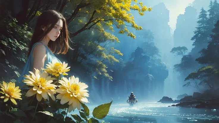 32k, Masterpiece, Highest quality, One girl, Brown Hair, Detailed eyes, flower,Dahlia, Light blue and yellow style,A dreamy, romantic piece,Pale yellow, Mysterious Leaves,A playful arrangement,Fantasy,High Contrast,Ink strokes,explosion,Exposure, Impressio...