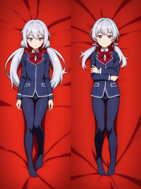 1girl, anime girl, silver hair, long twintails, silver eyes, dark blue school suit, white anime body pillow dakimakura style, closed mouth small smile, small closing eyes