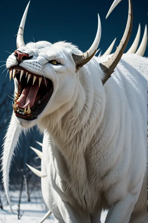 Menacing looking quadrupedal white beast with fangs and thorns 