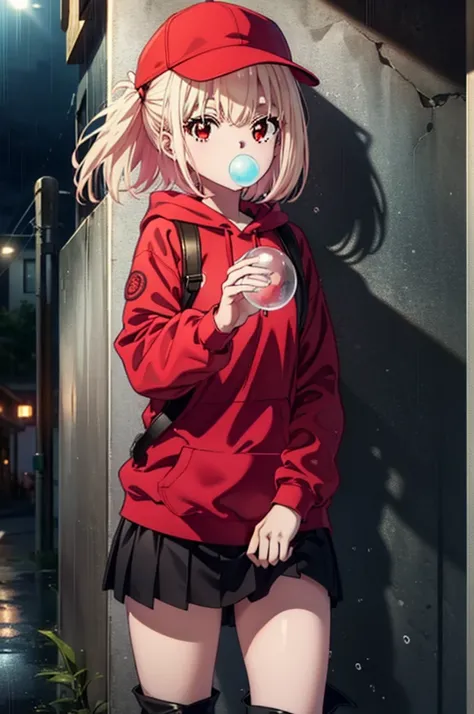 , Chisato Nishikigi, length, bangs, blonde, (Red eyes:1.5), Baseball cap,Oversized red hoodie,mini skirt,Black knee socks,short boots,Standing leaning against a wall,rain,cloudy,Hide under the roof,whole bodyがイラストに入るように,Blowing bubble gum,
break outdoors, ...