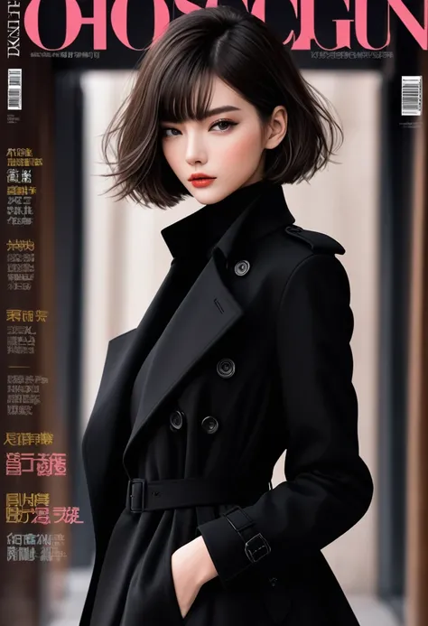 Magazine design，Fashion magazine cover，Black woolen trench coat，Short hair girl，Handsome