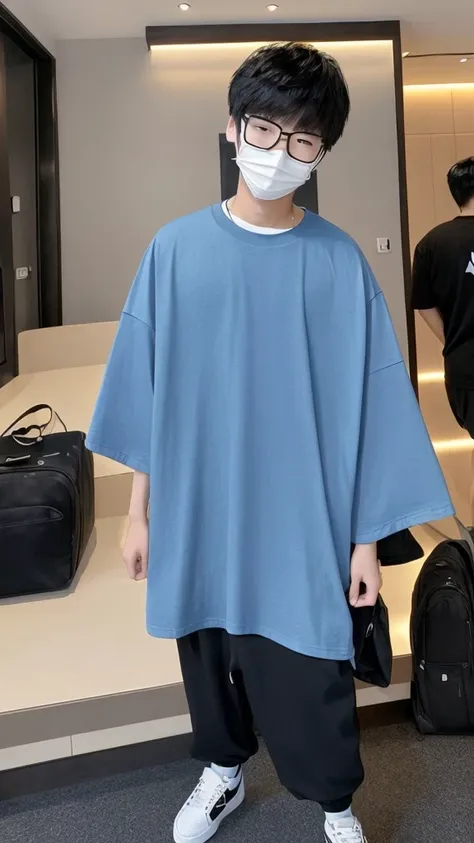 18 year old Shanghai boy, he is ((oversized xxl blue plain T shirt)), wearing black pants, wearing sneakers, wearing glasses, night club, whole body, (he is 한국 머리카락입니다)  k pop style, black mask