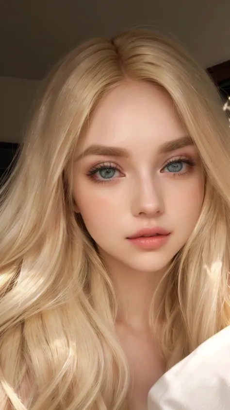 a close-up of a woman with long blonde hair and a white shirt, long blonde hair and large eyes, blonde hair and large eyes, a gorgeous blonde, longos blonde hair and large eyes, beautiful blonde girl, ava max, A girl with blonde hair, blonde girl, blonde a...