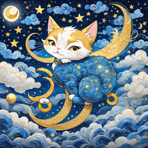 cartoon animation，hand drawn style：粗糙的texture，（1 standing cat，unique，a bow on the head）cloud，star，moon，dragon，beautiful details，...