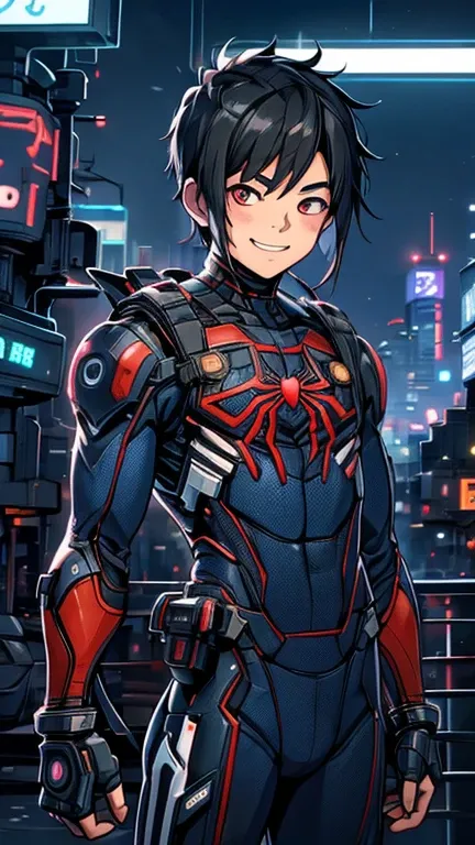 (8k),(masterpiece),(Japanese),(13-year-old boy),((innocent look)),((Childish)),From the front,smile,cute,Innocent,Kind eyes,Flat chest, Spider-Man,Short,Hair blowing in the wind,Black Hair,Strong wind,night,dark, Neon light cyberpunk city