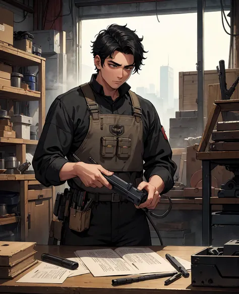 Absurd resolution, high resolution, (masterpiece: 1.4), hyper-detail, young mans messy short black hair, welder dressed up, factory high-tech workbench, tech-sense screen  