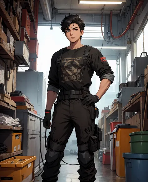 Absurd resolution, high resolution, (masterpiece: 1.4), hyper-detail, young mans messy short black hair, welder dressed up, factory high-tech workbench, tech-sense screen  