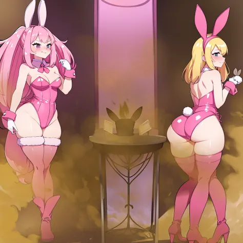 a giant animated character in a pink outfit and wearing boots holding a small animal, ass, playboy bunny, thighhighs, animal ears, rabbit ears