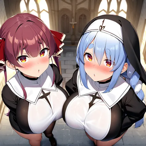 houshou marine,usada pekora,2girl,long hair,Females in heat,blush,gigantic huge breasts,nun costumes,looking at viewer,Taken from the viewpoint above,upturned eyes,near,standing up,church