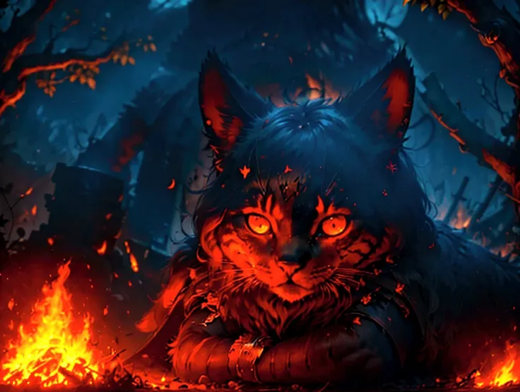 junkotvv pelo negro y largo con orejas de gato y ojos rojos a warrior resting in bonfire, high quality, masterpiece, dark theme, dark souls theme,  