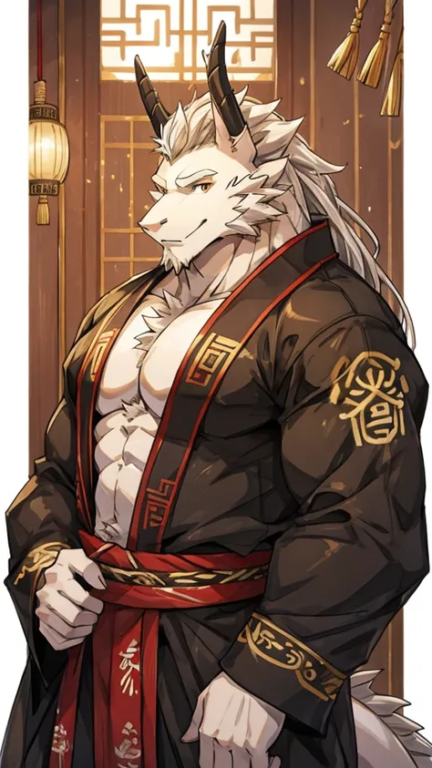 (white eastern dragon),furry,white mustache,big pecs,hearty males,muscular,black imperial robe,adult,traditional_chinese_room，he...