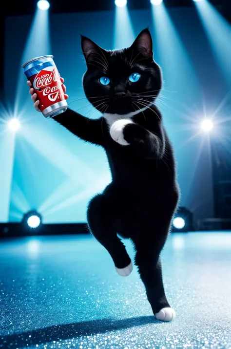 Rich in details，Highest image quality，4K，Texture，Please help me get a picture of a cartoon image on an iced cola.，The background is stage-like，For example, a black and white cat with blue eyes on a piece of ice cola，Dance on stage