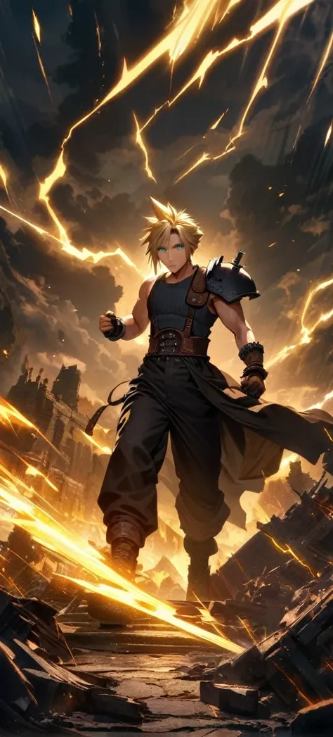 Symetrical,absurdres, highres, ultra detailed, HDR, masterpiece, extremely detailed face and eyes, Cloud Strife,final fantasy 7, yellow hair , , solo, man, handsome, ,, ,Epic fight scene, yellow lightning effect, glowing glitters, symetrical , 