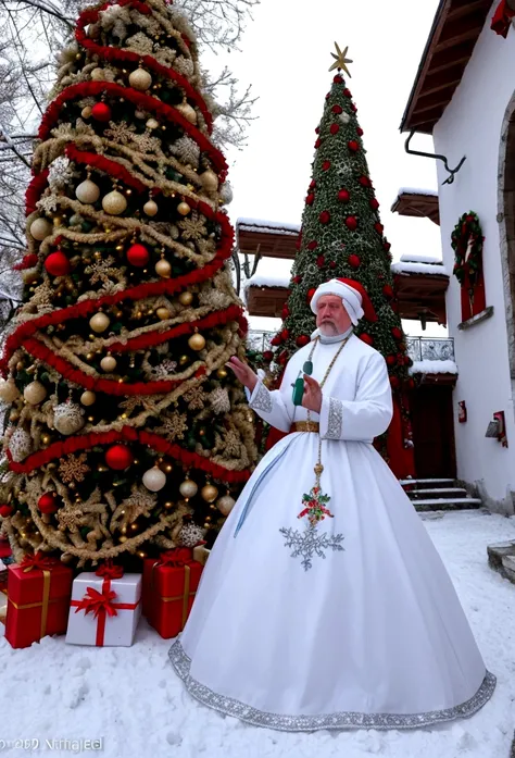 New Year&#39;s Eve in Gagra. Father Frost, Snow Maiden, Beautiful decorated Christmas tree.