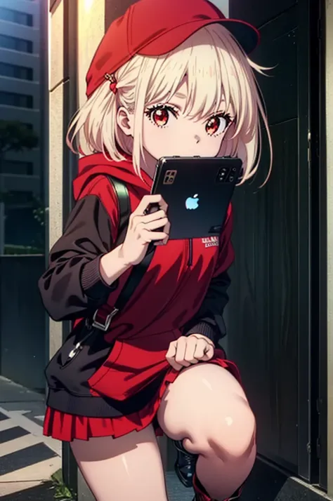 , Chisato Nishikigi, length, bangs, blonde, (Red eyes:1.5), Baseball cap,Oversized red hoodie,mini skirt,Black knee socks,short boots,Standing with one&#39;s back against a wall,He has his hands in his hoodie pockets.,rain,cloudy,Hide under the roof,whole ...