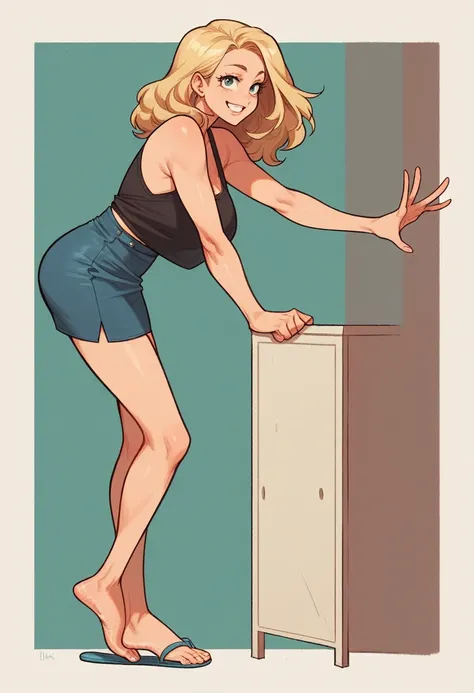 From behind, reaching for top shelf, lifelike, high - resolution, full body, sexy milf with a perfect body, amazing beauty, extraordinarily attractive, Super fine face and eyes, perfect face, beautiful smile, blonde hair, long dark tank top, natural big br...