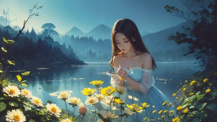 32k, Masterpiece, Highest quality, One girl, Brown Hair, Detailed eyes, flower,Dahlia, Light blue and yellow style,A dreamy, romantic piece,Pale yellow, Mysterious Leaves,A playful arrangement,Fantasy,High Contrast,Ink strokes,explosion,Exposure, Impressio...