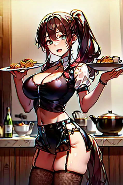 (dynamic angle:1.3, front view:1.1, breast focus:1.3, from above:1.1), (dynamic posing:1.2, sexy posing:1.2), (seductive smiling:1.3), ((holding Pasta on a plate,Taking the pasta out of the pan, worried about the outcome:1.2)),highest quality、(real、photore...