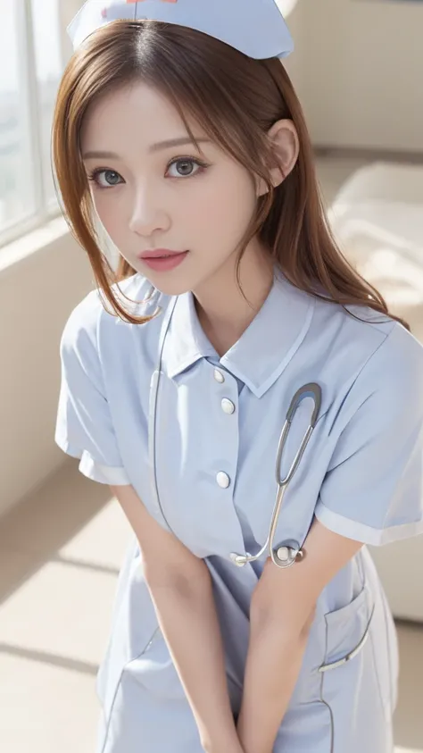 (masterpiece, Highest quality:1.2),alone,The eyes are exquisite and delicate,Long auburn hair、Pink Lips,blue eyes,Big Breasts、Wavy Hair、(((White nurse uniform:1.5)))、Japanese