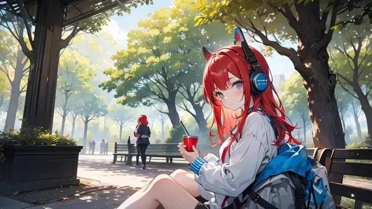 Girl wearing headphones。Red Hair。Relaxing in the park