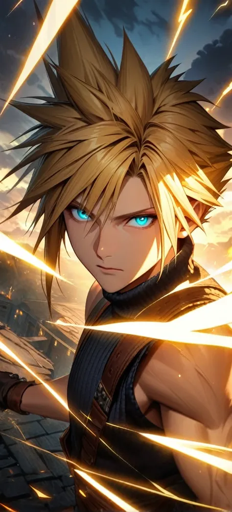 Symetrical,absurdres, highres, ultra detailed, HDR, masterpiece, extremely detailed face and eyes, Cloud Strife,final fantasy 7, yellow hair , , solo, man, handsome, ,, ,Epic fight scene, yellow lightning effect, glowing glitters, symetrical , 