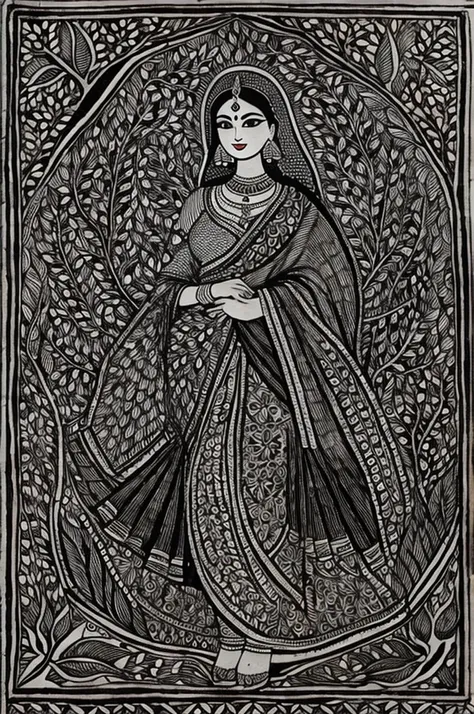 Madhubani painting black and white 