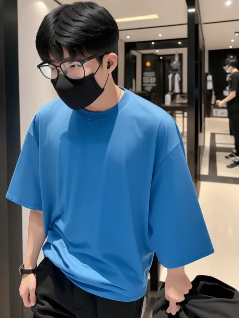 18 year old Shanghai boy, he is ((oversized xxl blue plain T shirt)), wearing black pants, wearing sneakers, wearing glasses, night club, whole body, (he is 한국 머리카락입니다)  k pop style, black mask