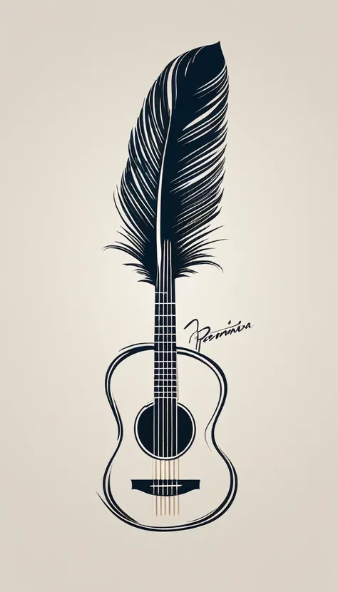 A minimal, modern, simple, cinematic logotype for the brand “Penamemoria". The logotype must be a simple, magical feather and a boy playing acoustic guitar. The logo must convey a sense of music, stories and dreams. Logo design impressed on a book cover. M...