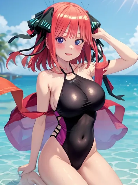 best quality, insanely detailed, nino nakano, breasts, halterneck swimsuit, one-piece swimsuit, See-through swimwear