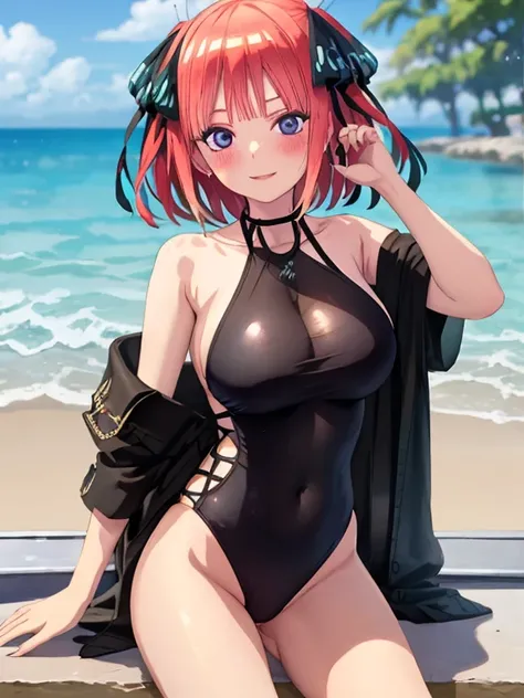 best quality, insanely detailed, nino nakano, breasts, halterneck swimsuit, one-piece swimsuit, See-through swimwear