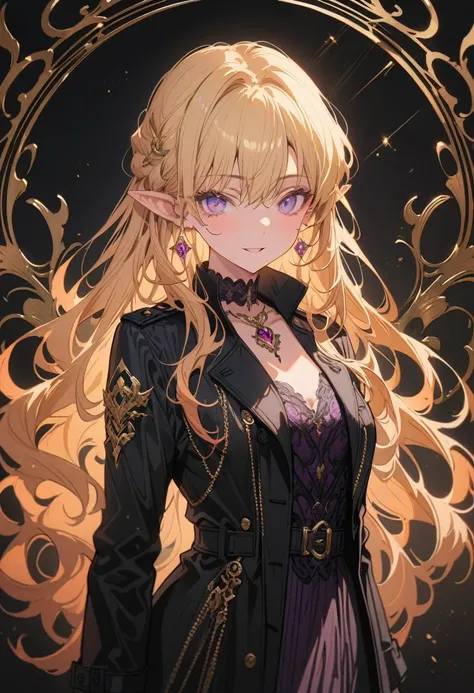 1girl,seductive smile,purple eyes,pointy ears,blonde hair,long hair,best quality,Amazing,masterpiece,delicate,ultra high res,ultra detailed,8K,sharp focus,(extremely detailed CG unity 8k wallpaper),(Black trench coat:1.5),Angel,whole body