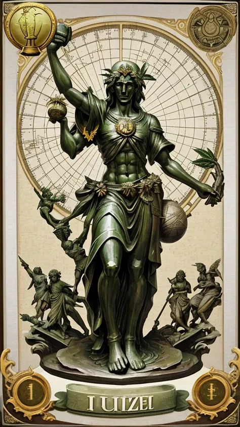 Statue of justice holding the globe with map of Brazil in his right hand and a cannabis leaf in his left hand