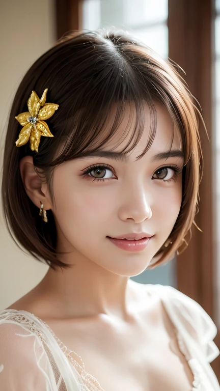 Highest quality, Tabletop, Ultra-high resolution, (Realistic:1.4), RAW Photos, One Girl, Japanese Idols, short hair, indoor, Summer noon,Fine grain,(Realistic eyes),Delicate face,realskin,Fine hair,Detailed skin,Beautiful Face,smile:1.1、((Beautiful hair or...