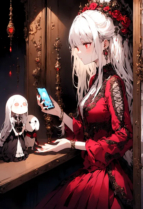 albino girl looking at cell phone with long-haired albino friend next to her