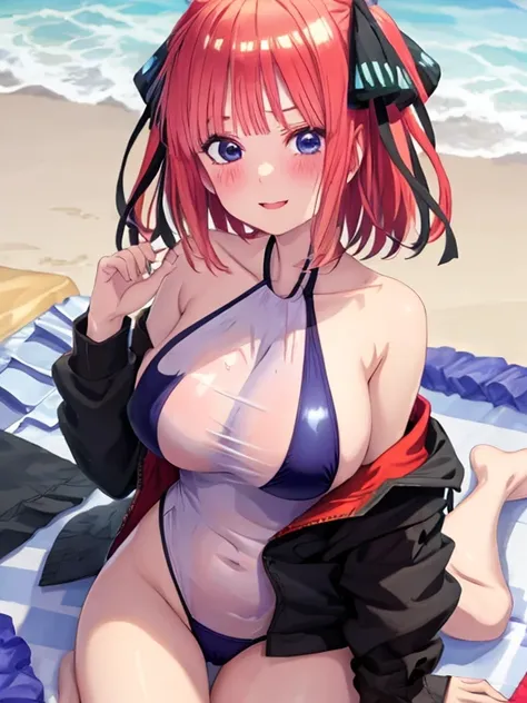 best quality, insanely detailed, nino nakano, breasts, halterneck swimsuit, one-piece swimsuit, See-through swimwear, nsfw